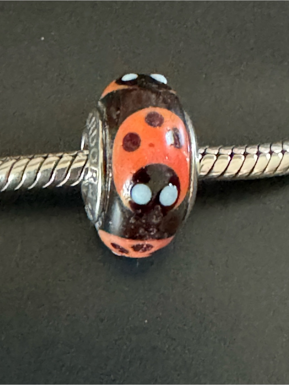 Pandora Retired 925 Sterling Silver Red Ladybugs Murano Glass Bead Charm